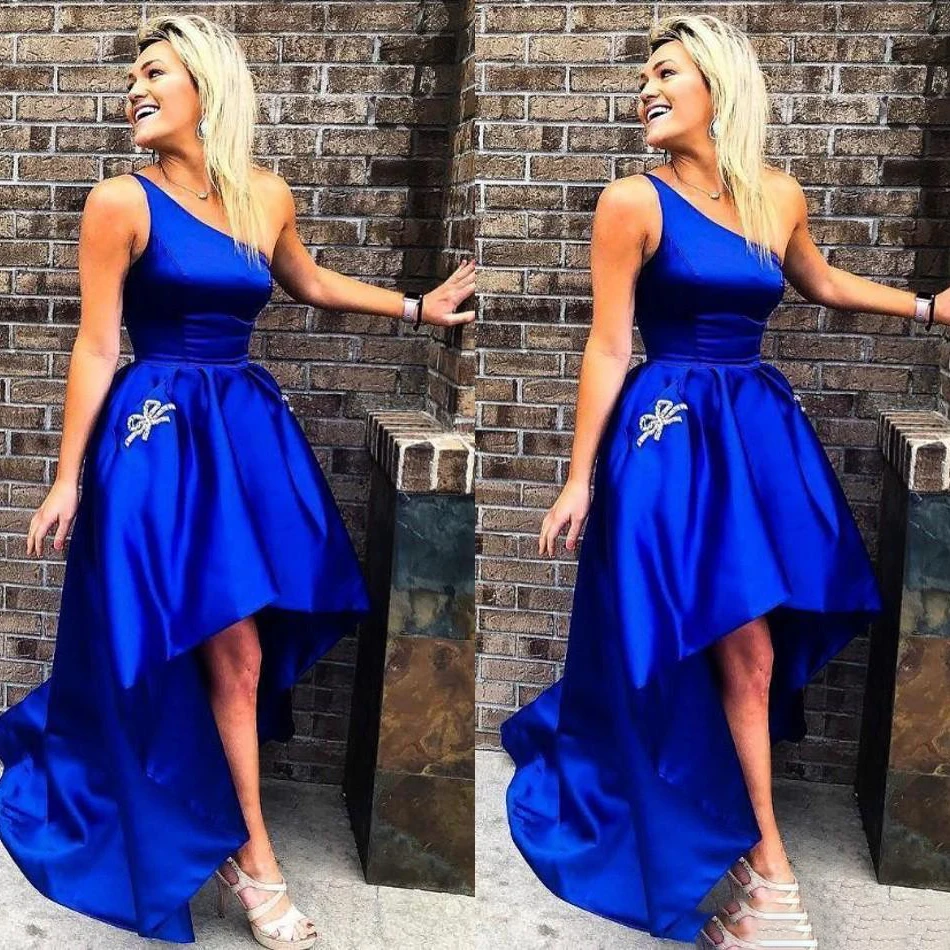 High Low Prom Dresses 2020 Royal Blue Satin One Shoulder Formal Evening Dress Cheap Party Dress For Women robe de soiree