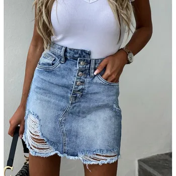 

Women Summer Blue Solid Casual High Waist Pencil Denim Skirts High Street High Waist Ripped Holes Jeans Skirt