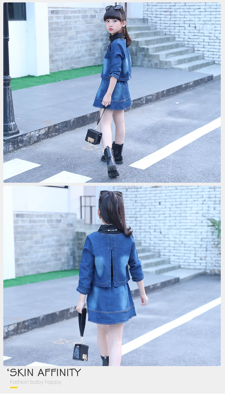 Fall Fashion Cowgirl Children Dress Suits Denim Girls Cowboy Matching Petite Dress And Long Sleeve Denim Top Set