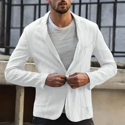 Masculino fino ajuste mistura de linho bolso sólido manga longa ternos blazer jaqueta outwear outono verão casual bonito roupas masculinas branco