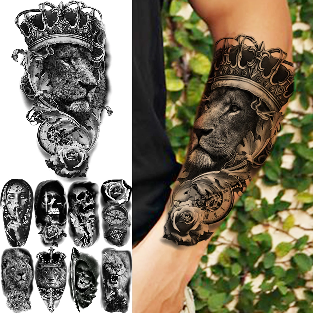 3d Black Lion Crown Rose Flower Compass Temporary Tattoos For Men Women  Lion Skull India Fake Tattoo Body Art Half Sleeve Tatoos - Temporary Tattoos  - AliExpress