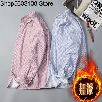 

Fat Man Plus Velvet Thicken Grid Long Sleeve Keep Warm Shirt Male Plus Fat plus size Loose Version Keep Warm Occupation Pack