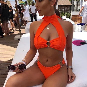 

sexy buckle push up bikini swimsuit women bandage bikini set swimwear solid brazlian high neck bathing suit biquini beach wear