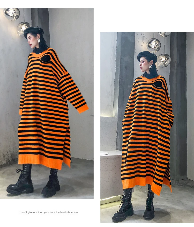 SuperAen Long Pullovers Sweater Female New Autumn and Winter Style Loose Pluz Size Striped Hole Ladies Sweater