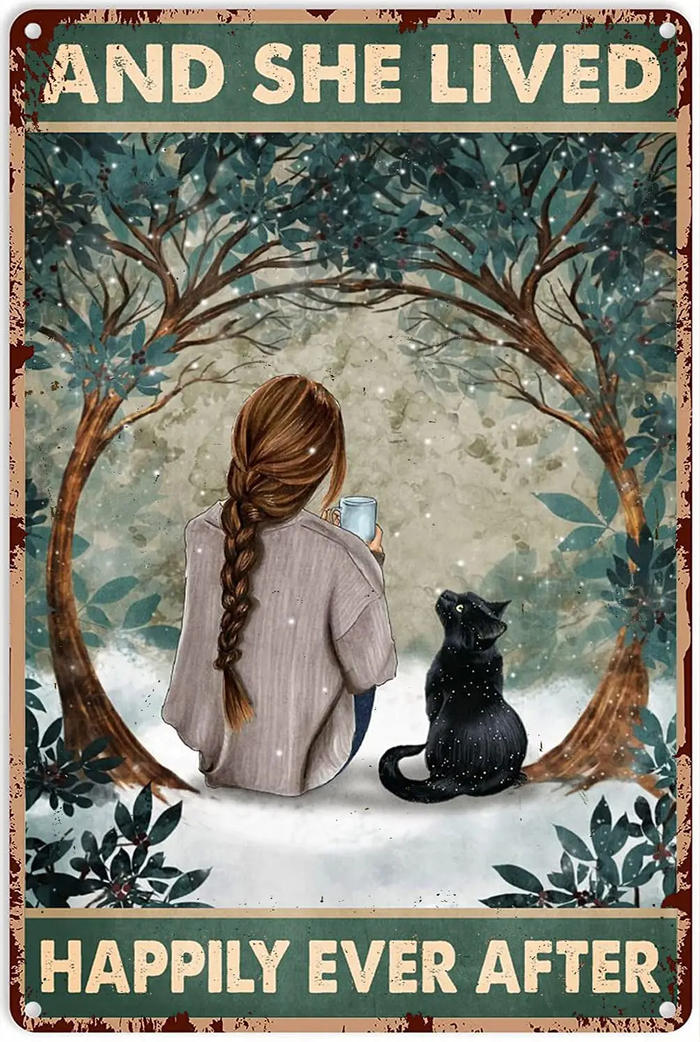 

Retro Tin Sign Animal Girl with Black Cat and She Lived Happily Ever After Metal Sign Decor Tin Aluminum Sign Wall Art Metal