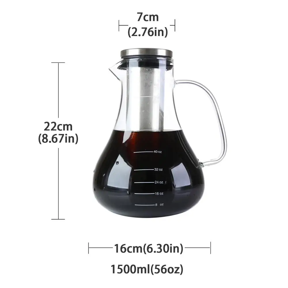 Кофеварка холодного заваривания и чайник 56 унций стеклянный графин с фильтром из нержавеющей стали, идеально подходит для холодного заваривания и кофе со льдом