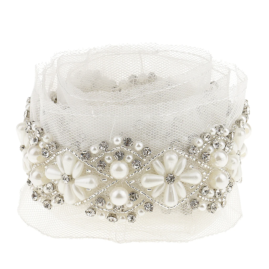 90cm Pearl Beaded Sewing Lace Trims Mesh Ribbon Applique for Wedding Dress Costume Craft White 5.5cm