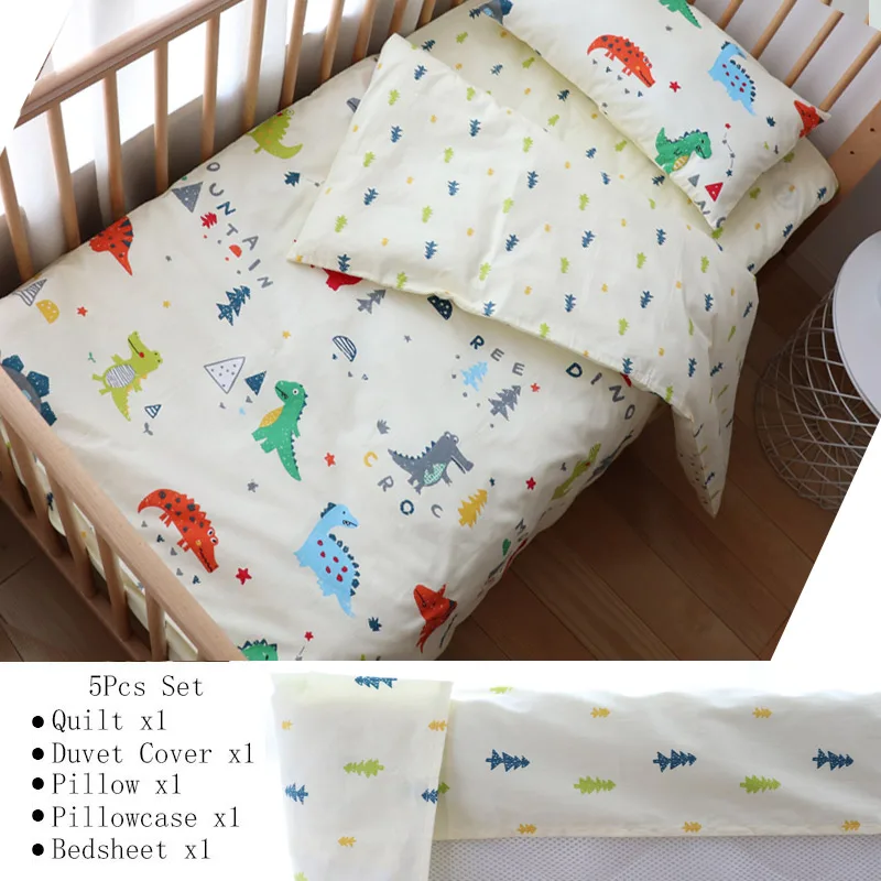 Dinosaur 5Pcs Flat Baby Bedding Set For Boy Girl Nordic Cotton Baby Bed Linen For Newborns Kids Crib Bedding With Bumper Cot Kit Allow Custom Size - Цвет: Dinosaur 5Pcs Flat