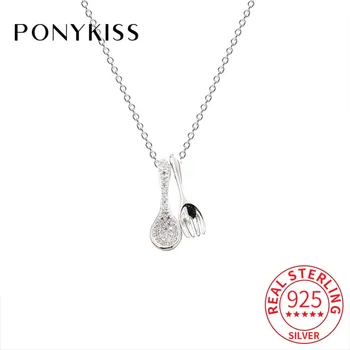 

PONYKISS Trendy S925 Sterling silver Spoon and fork Zircon Pandant Necklace Chain for Women Party Elegant Fine Accessory Gift