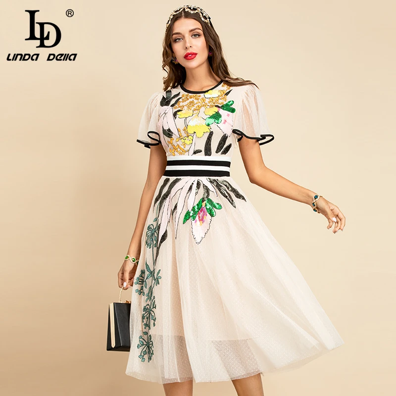 

LD LINDA DELLA New 2021 Women Summer Fashion Runway Midi Dress Butterfly Sleeve Sequined Embroidery Ladies Slim A-Line Dresses