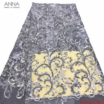 

Anna silver gray african lace beaded fabric 2020 high quality hand embroidery nigerian net lace french sequin fabrics for sewing