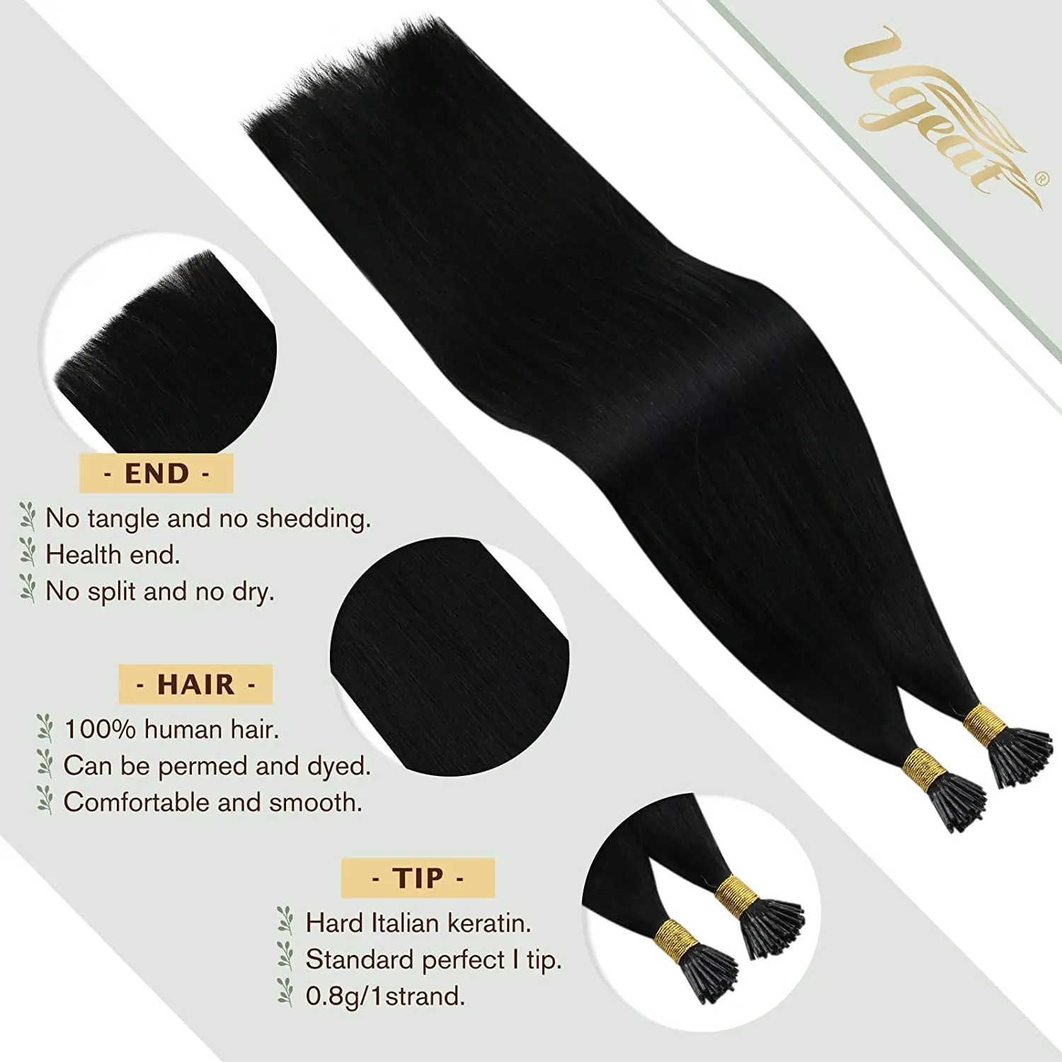 [New Arrival] Ugeat I Tip Virgin Hair Extensions 14-22" Hot Fusion Straight Hair Extensions Human Hair 0.8G/S For Women 2