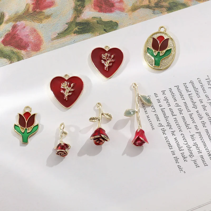 

Retro Weifeng dripping oil red rose tulip flower alloy pendant DIY handmade jewelry earrings accessories materials