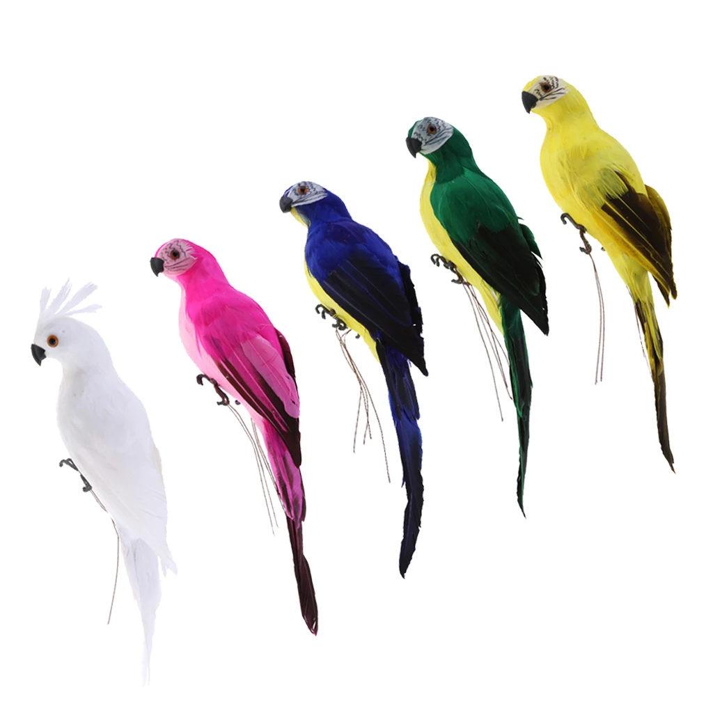 Set of 5 Realistic Macaw Parrot Lifelike Bird Ornament Artificial Feathered Animal Model Statues DIY Lawn Sculpture