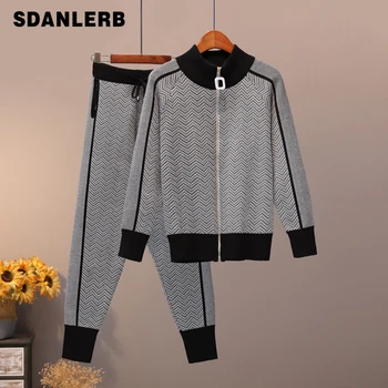 

Knit Sets for Women Tracksuit Spring and Autumn Two-piece Sweater Sets Zipper Cardigan + Trousers Leisure Sports Suit Student