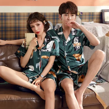 

Couple Pajamas Woman Short Simulation Silk 2 Piece Set Pajamas Men Spring Summer Korean Cartoon Couple Home Sleepwear Set