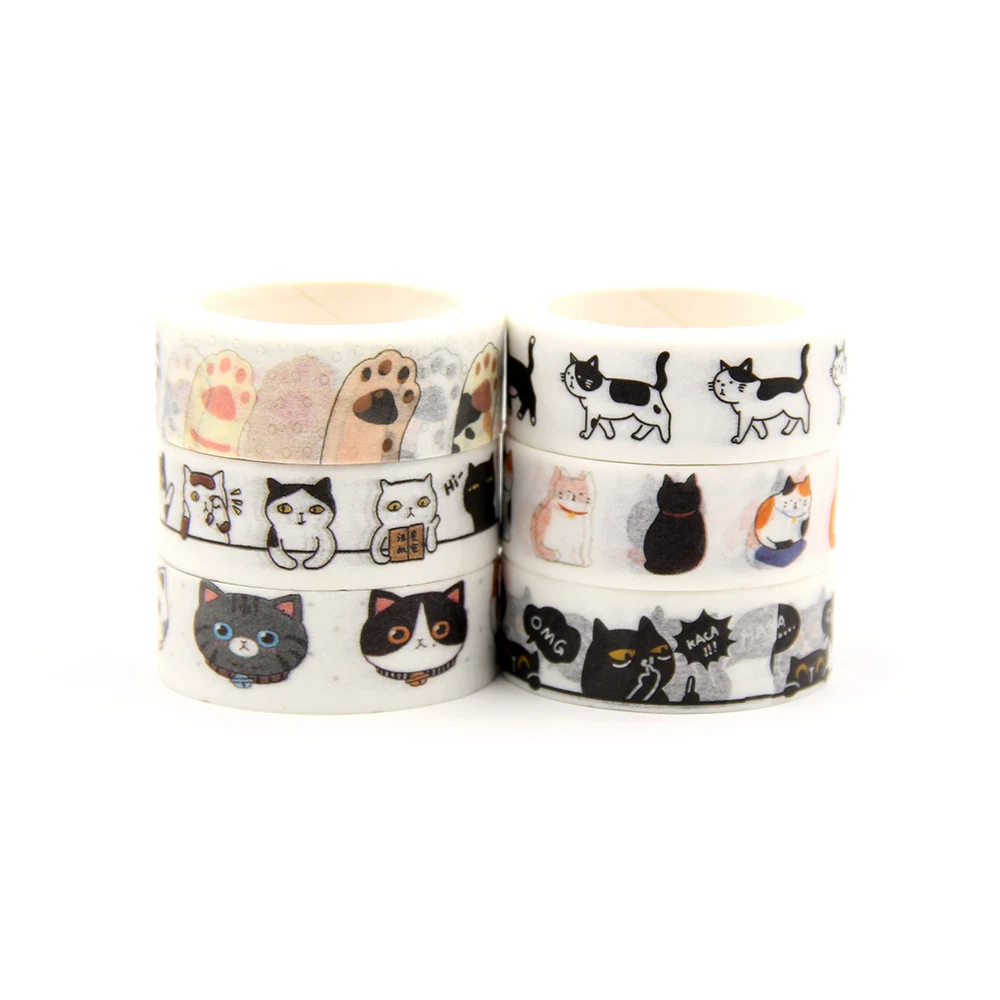 Ruban adhésif Washi en papier pour bricolage, 15MM x 5M, 1 pièce, ruban de masquage, étiquette de bâton pour Scrapbooking, Adorable chat Kawaii