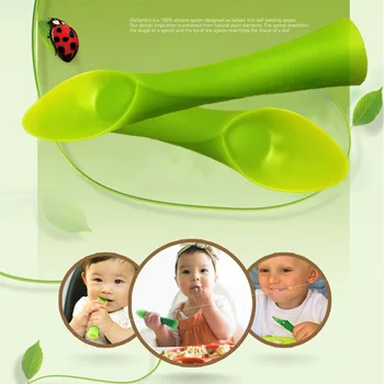

2PCS Food Grade Bendable Training Teether Spoon Suction Cup Anti Slip Flexibility For Baby Non Toxic Bamboo Leaf Ergonomics