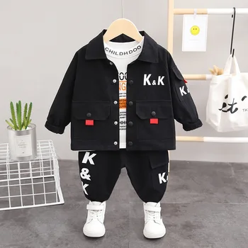 

Spring and autumn children's boy suit three-piece baby suit casual letter long-sleeved T-shirt + pants baby boy clothes