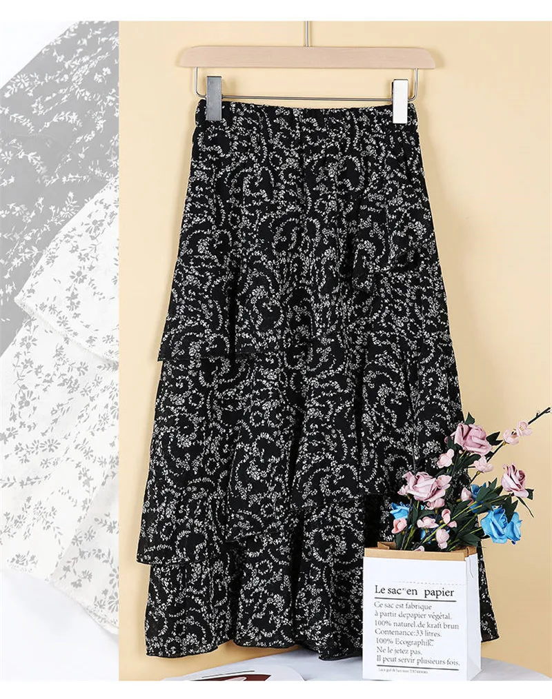 Printed leaves black Летние цветочные каскадные длинные шифоновые женские юбки милые Асимметричные многоуровневые с цветочным принтом шифоновые длинные юбки плиссированные летние юбки - Цвет: Printed leaves black