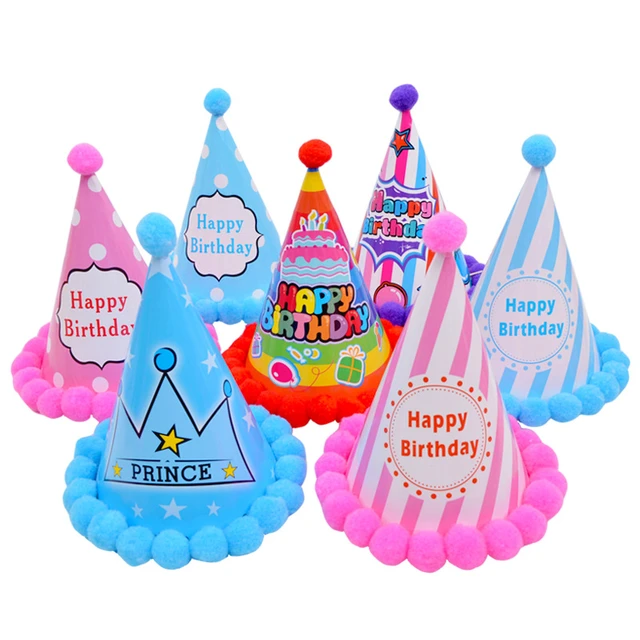  Gorros de cumpleaños para Bebé y Niño, sombrero colorido para fiesta de cumpleaños, decoración de corona para niño, pompón de papel, patrón de dibujos animados, sombrero para Festival _