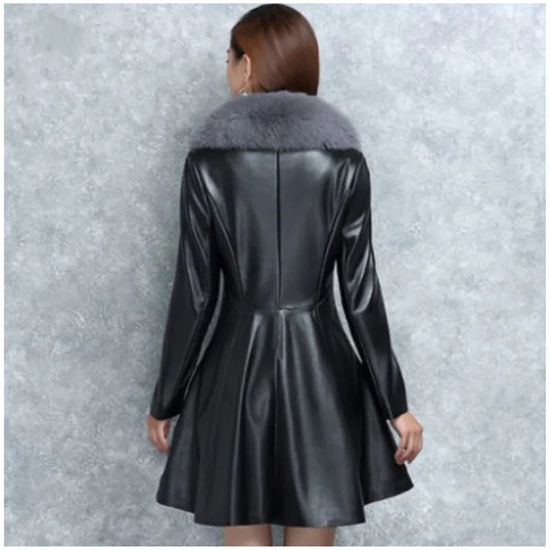 2019 модная искусственная кожа полиуретан куртка большой меховой воротник Длинная