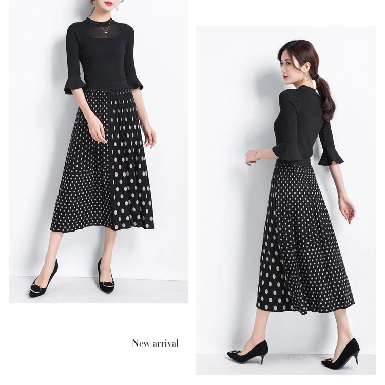 Sherhure High Waist Dots Print Knitted Women Winter A-Line Long Skirt Fashion Autumn Brown Skirt Faldas Jupe Femme Saia
