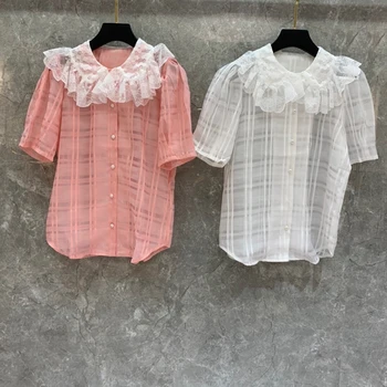 

2020 Spring and Summer New Women's Neckline Lace Decoration Short-Sleeved Checkered Short Sleeve Wild Top 404