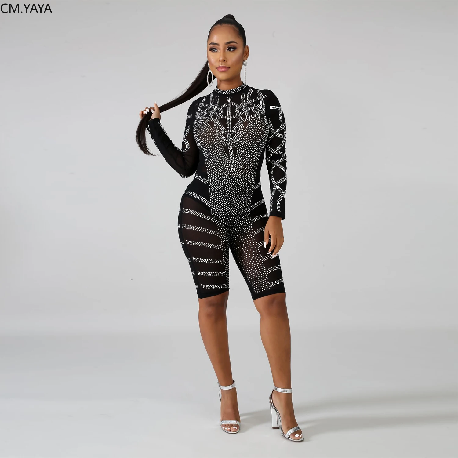 GL Autumn Women Winter Paysuit Jumpsuit Hot drill sexy mesh perspective Bandage Bodycon Sexy Night Romper Party outfits H3305