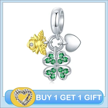 

BISAER Four-leaf & Gold Bee Charms 925 Sterling Silver Enamel Heart Green Pendant DIY Bracelets Necklace Beads Jewelry EFC303