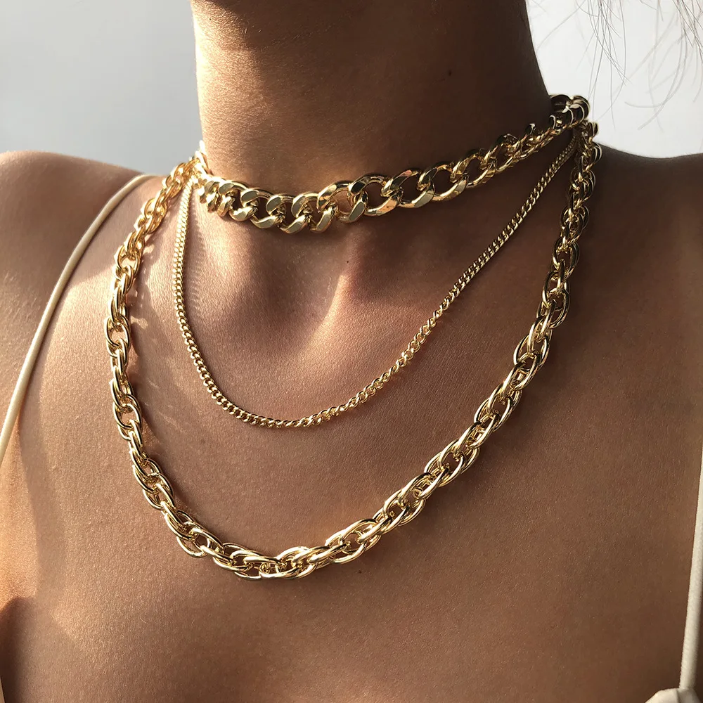 

YAAYOO 3pcs Multilayer Chain Statement Gothic Choker Necklaces Metal Geometry Chains Gold Jewelry For Women Punk Accessories