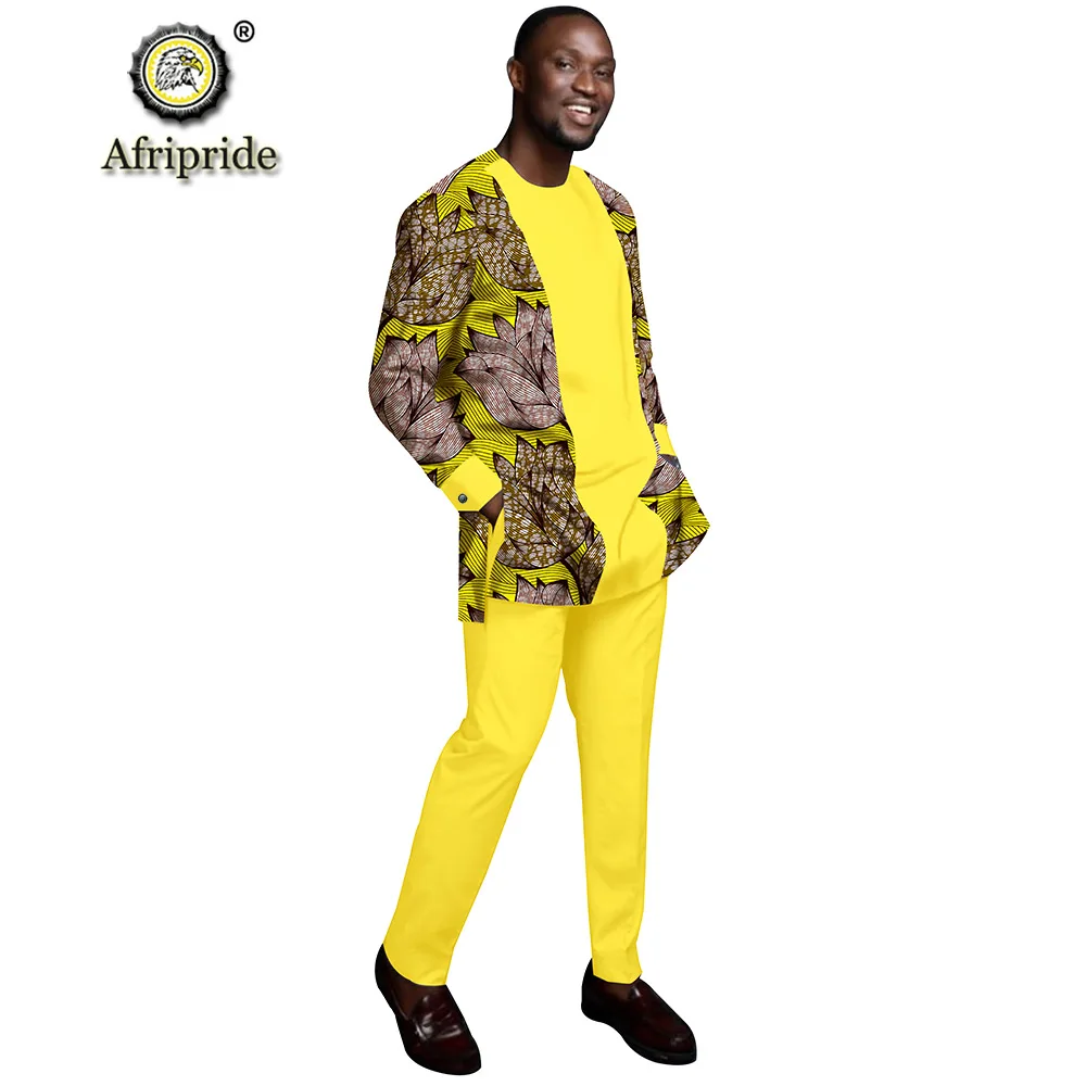 

2019 African Men Shirt Suit Ankara Print Floral Tops Dashiki Pants 2 Piece Outfit Blouse Pocket Attire wax AFRIPRIDE S1916026