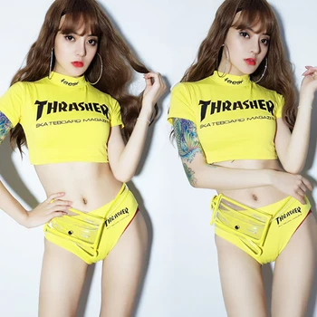 

Nightclub Bar Sexy Jazz Dance Costume Female Singer DJ Party Performance Outfits Hip Hop Dance Costume Yellow Bikini Set DWY2400
