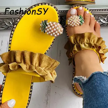 

New Women Flats Slippers Summer Casual Flip Flops Flowers Pearl Woman Flat Shoes Comfortable Female Footwear Beach Sandals