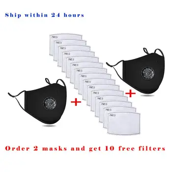 

2ps Breath Valve Washable Mouth Mask Anti-dust Anti Pollution Mask with 10pcs Filters
