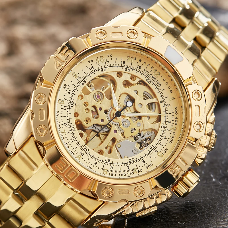 Luxury Gold Skeleton Automatic Mechanical Watches Men Wristwatch Big Dial Stainless Steel Black Clock Luminous Hands Male Reloj