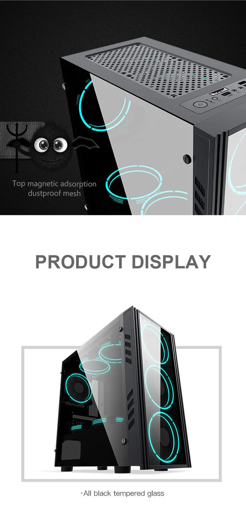 Aigo PC Gaming Case ATX Tower Computer Case with 120mm PWM/ARGB Fan Front I/O USB Type-C Port Tempered Glass PC Gamer Cabinet