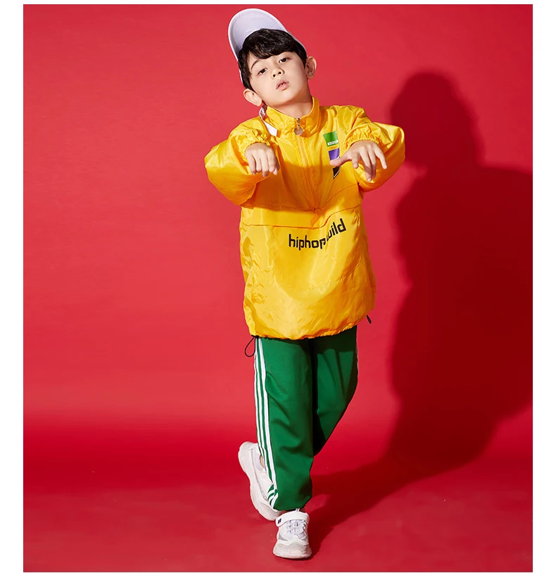 New Hiphop Kids Dance Costumes Children Yellow Tops+Green pant Drum T Stage Show Clothes Children's Street Dance Clothing BL1964