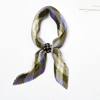 

Women Silk Pleated Scarf Crinkle Buckle Classical Square Print Foulard Neck Bandana Headwear Crumple Neck Wear