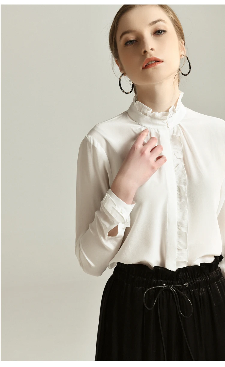 Рубашка из чистого шелка в винтажном стиле для женщин, шелк тутового цвета, длинный рукав, воротник-стойка, Базовый Топ M, L, XL, XXL