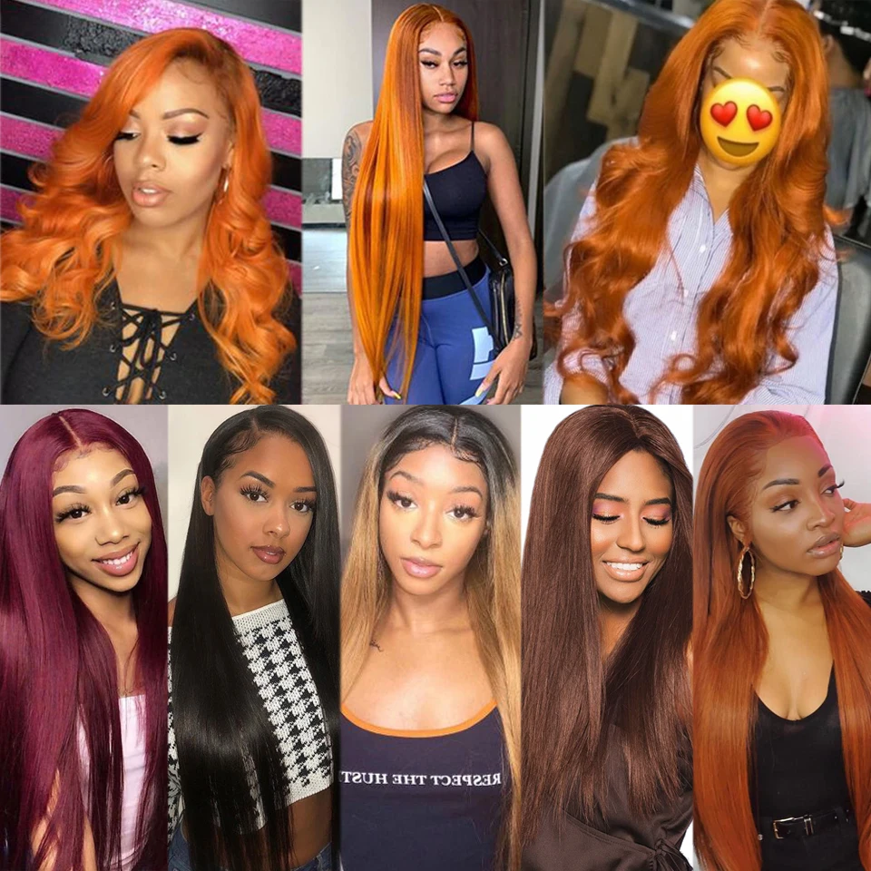 Orange-Human-Hair-Wig-13X4-Brazilian-Remy-Straight-Ombre-Ginger-Red-Honey-Blonde-Brown-Long-Lace