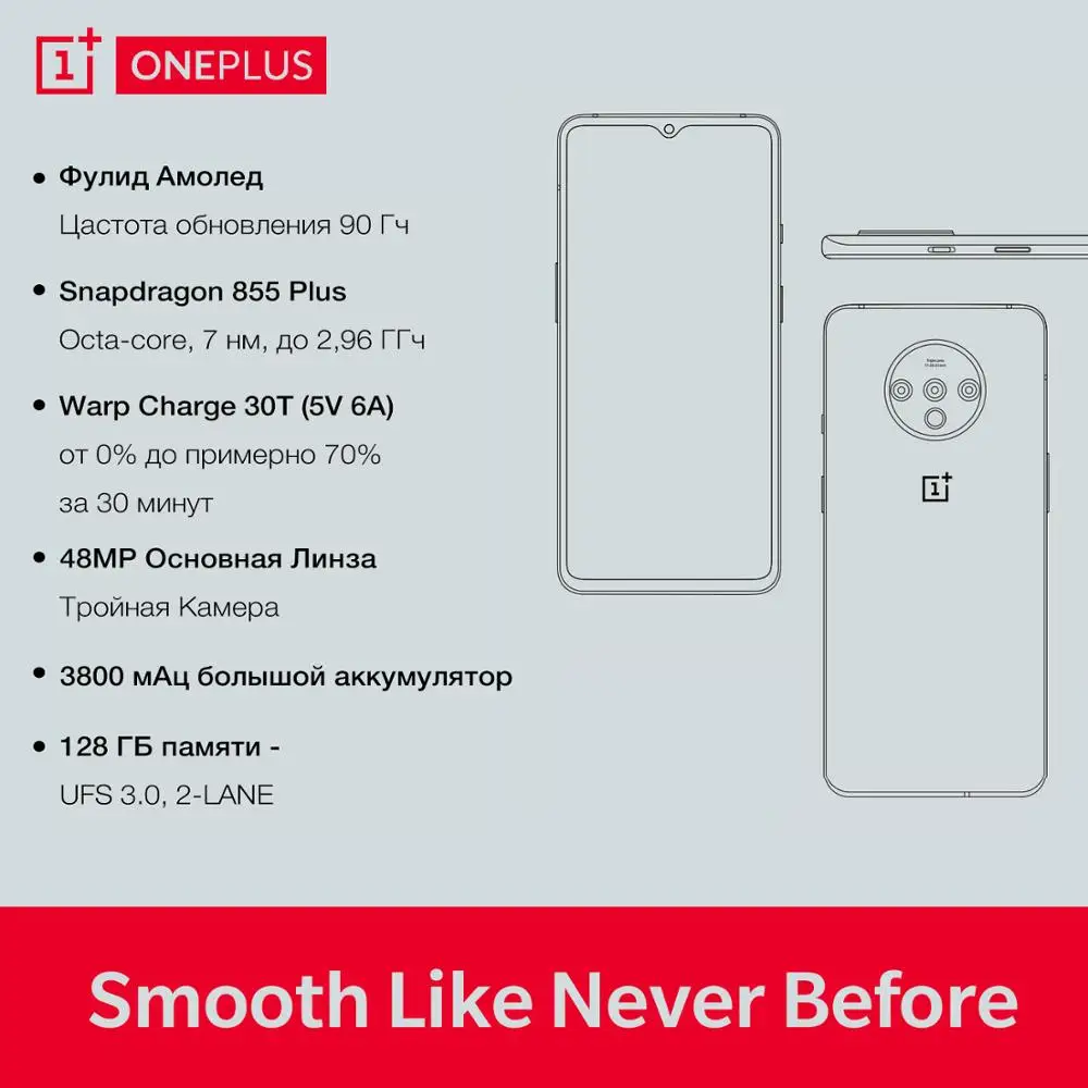 Глобальная версия OnePlus 7T 8GB 128GB Snapdragon 855+ 6,55 ''90Hz дисплей 48MP Тройная камера 3800mAh 30W NFC Восьмиядерный мобильный телефон