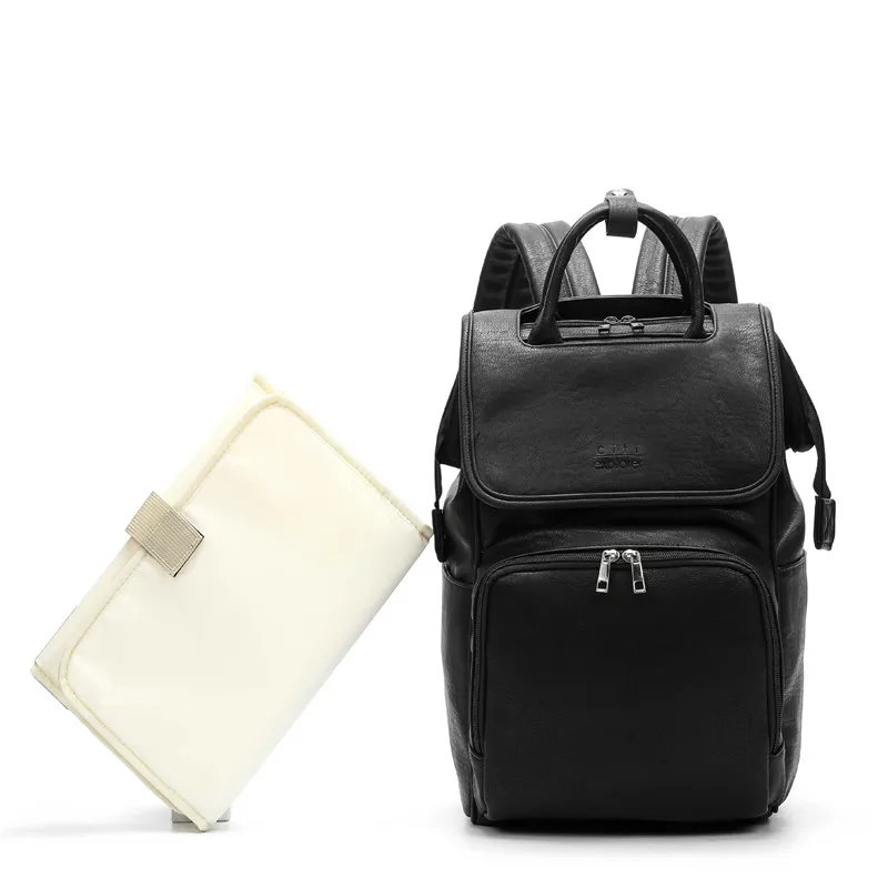 Black Diaper Bags Кожаная сумка для детских подгузников, рюкзак для мам, Большая вместительная сумка для подгузников с пеленальной подкладкой+ ремни для коляски, коричневый и черный цвета - Цвет: Black Diaper Bags