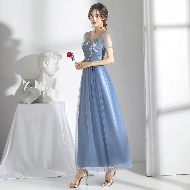 

Guest Wedding Party Dress Elegant A-Line Embroidery Tulle Bridesmaid Dresses Blue Vestido Azul Marino Sleeveless Sexy Dress Prom