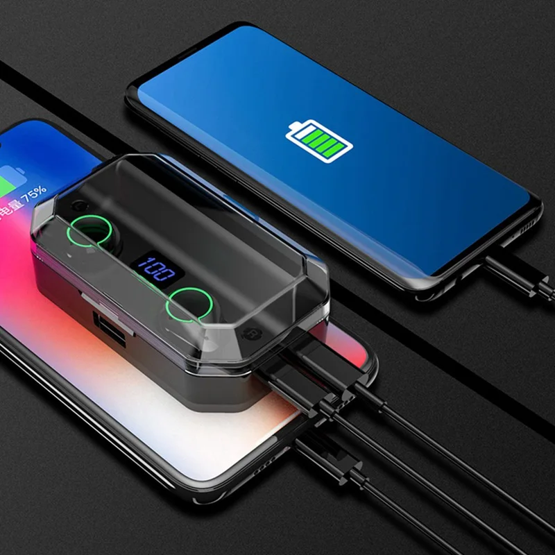 Bluetooth 5.0 Earphones 9D Stereo Wireless Earphones for T9 TWS IPX7 Waterproof 7000mAh LED Smart Power Bank Phone Holder