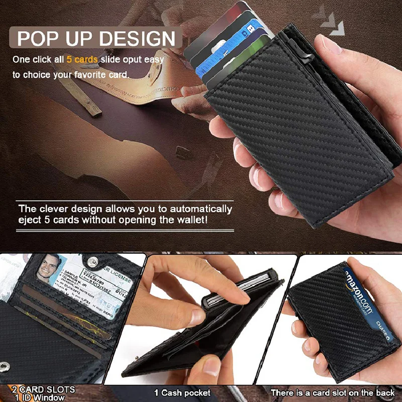 Carbon Fiber Leather Business Metal Aluminum Wallet for Men RFID Blocking  100% Genuine Leather Slim Pop Up Card Holders