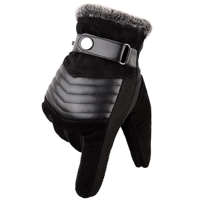 B03 Black Outdoors Antiskid Gloves Men Winter Thicken Warm Gloves Retro PU Leather Patchwork Touchscreen Gloves Plush Fleece Guantes - Цвет: B03 Black