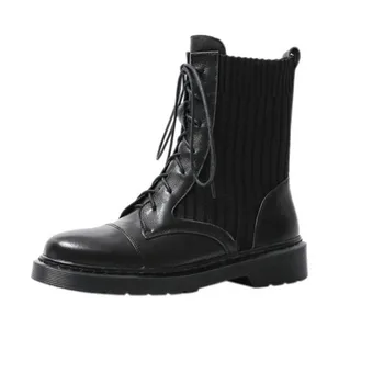 

2020 New genuine leather knitting Women Ankle Boots Cross Tied low heels Short Boots Winter Casual Party Shoes Woman