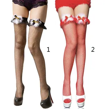 

Women Christmas Lingerie Lace Top Bowknot Bell Fishnet Thigh High Stockings Stylish Lady Female Hollow Out Over Knee Stockings