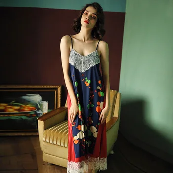 

Print Flower Home Dressing Gown Intinmate Lingerie Navy Blue Summer New Sleepwear Nightgown Casual Long Nightdress Homewear
